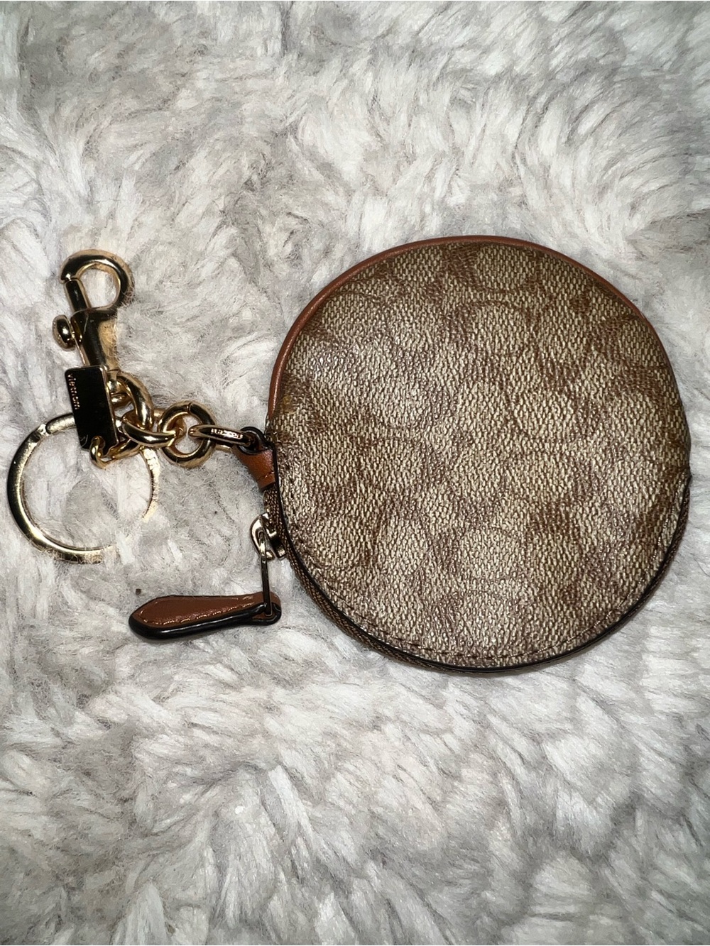 Coach khaki and Brown Monogram Round Key & Coin Pouch with Gold Hardware